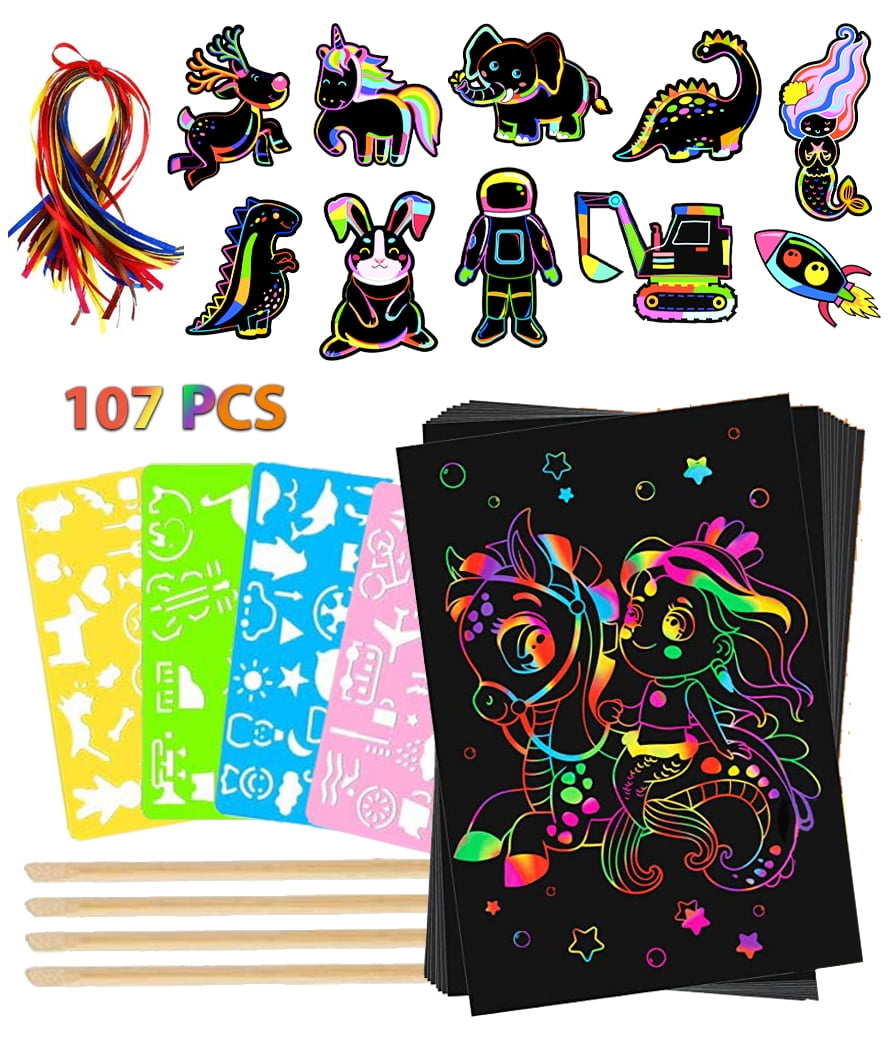 Jeexi Scratch Paper Art Set for Kids, 107pc Rainbow Card Scratch Art, Black  Scratch it Off Paper Crafts Notes with 10 Wooden Stylus and 4 Stencils for