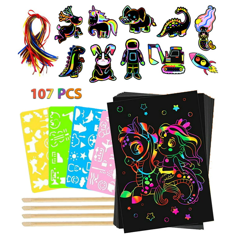 Jeexi Scratch Paper Art Set for Kids, 107pc Rainbow Card Scratch