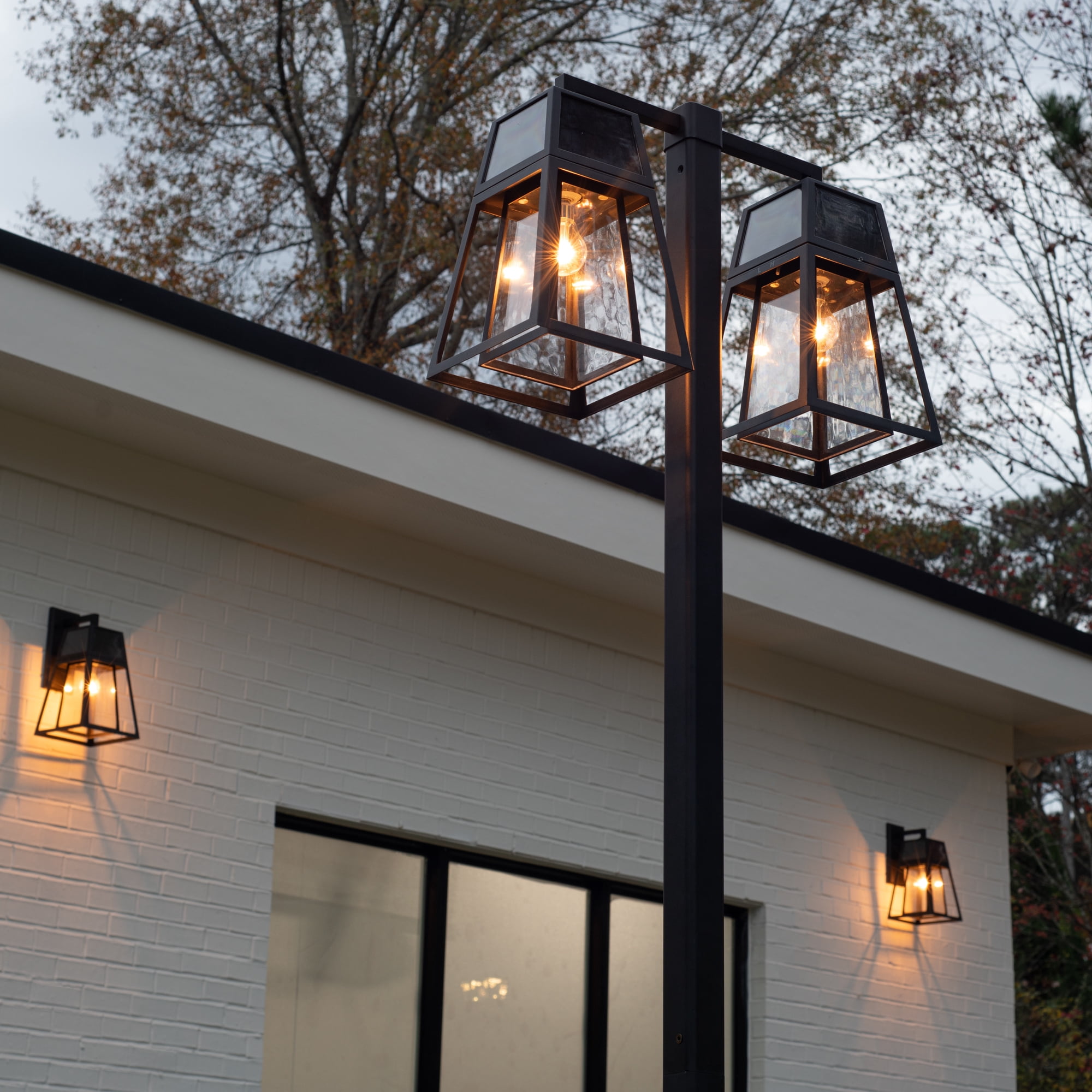 Aria 98 in. 2-Light Black Aluminum Solar Outdoor Waterproof Post Light Set with Solar LED Light Bulb Included
