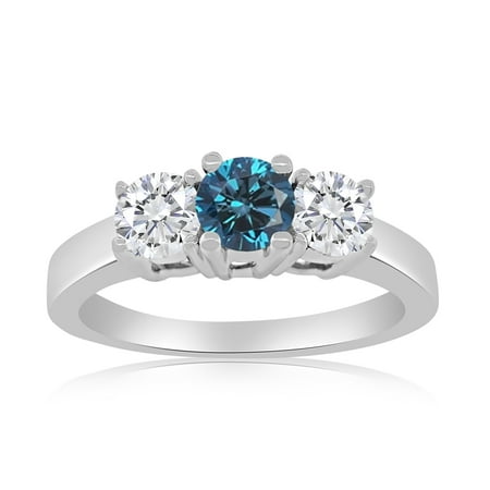 - 1.00ctw Diamond Three Stone Ring with Center Blue Diamonnd in 10k White Gold