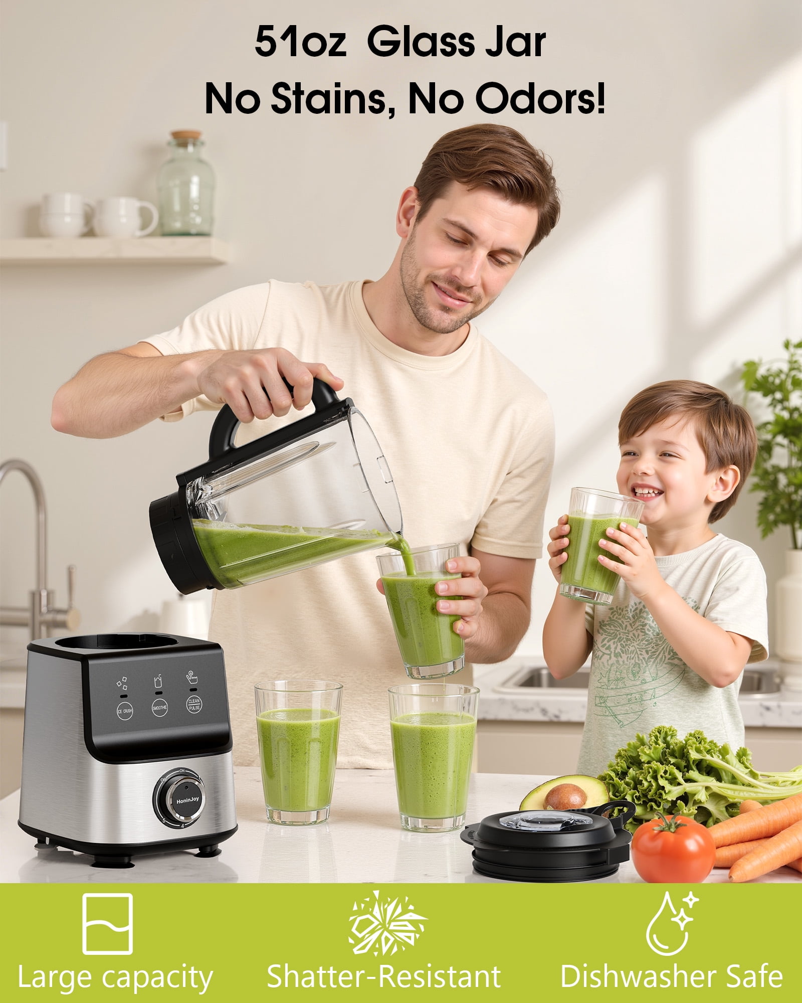 Open Box HoninJoy Kitchen Smoothies Blender, 51 Oz Large Capacity 5 Speeds, Electric Blender With Travel Jar, Grinder, Blender for Fruits, Ice, Coffee Bean