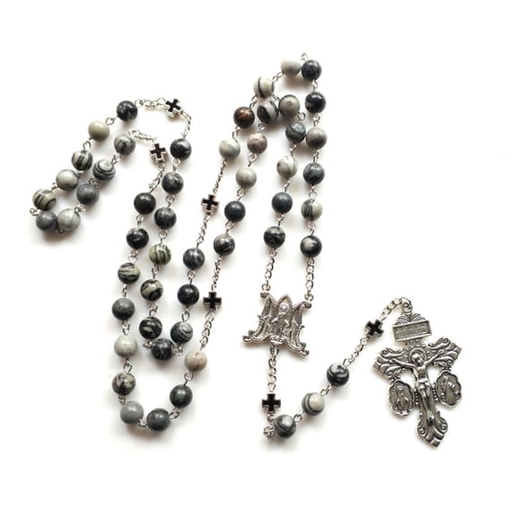Rosary Black Stone Beads Necklace with Jesus Crucifix for Cross Pendant Necklaces Religious Prayer Gifts for Men Women