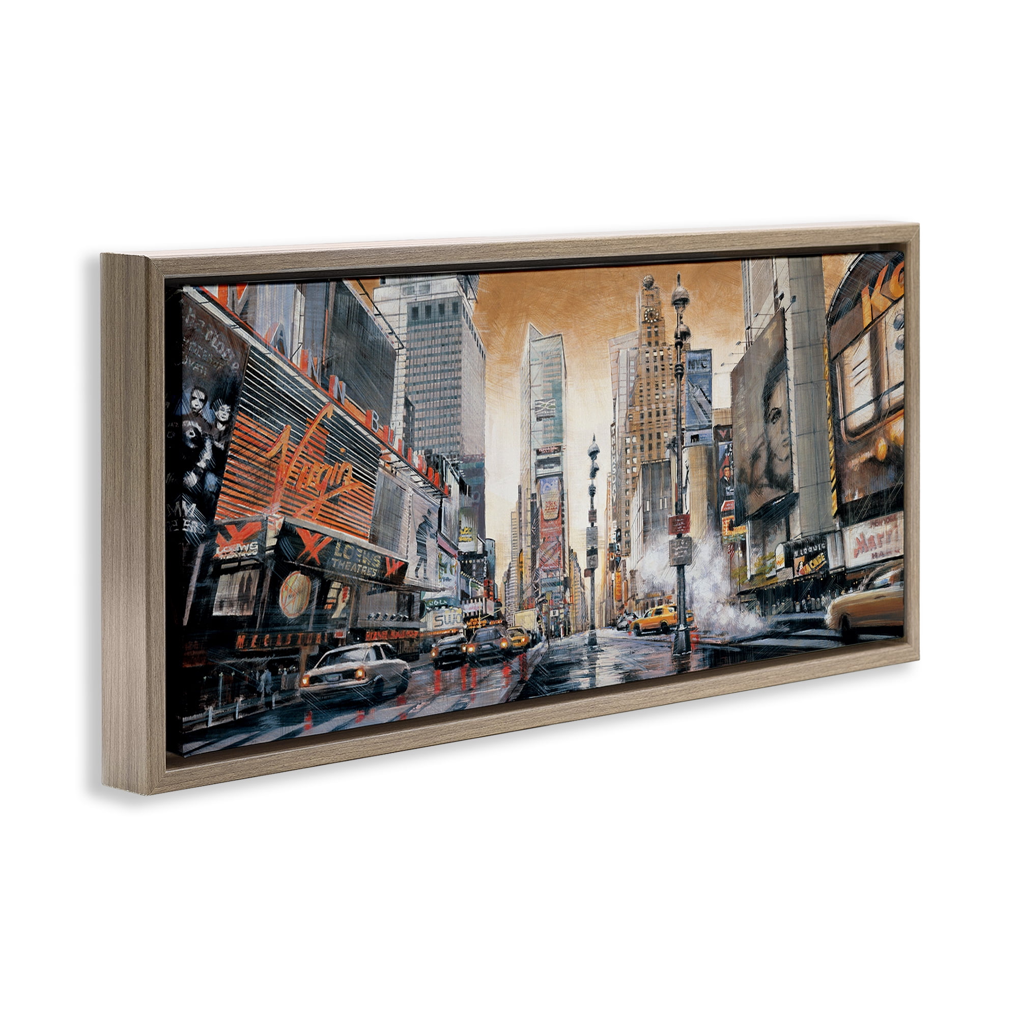 Stupell Industries New York Cityscape Scenery Painting Brown Floater Framed Art Print Wall Art, 31 x 14