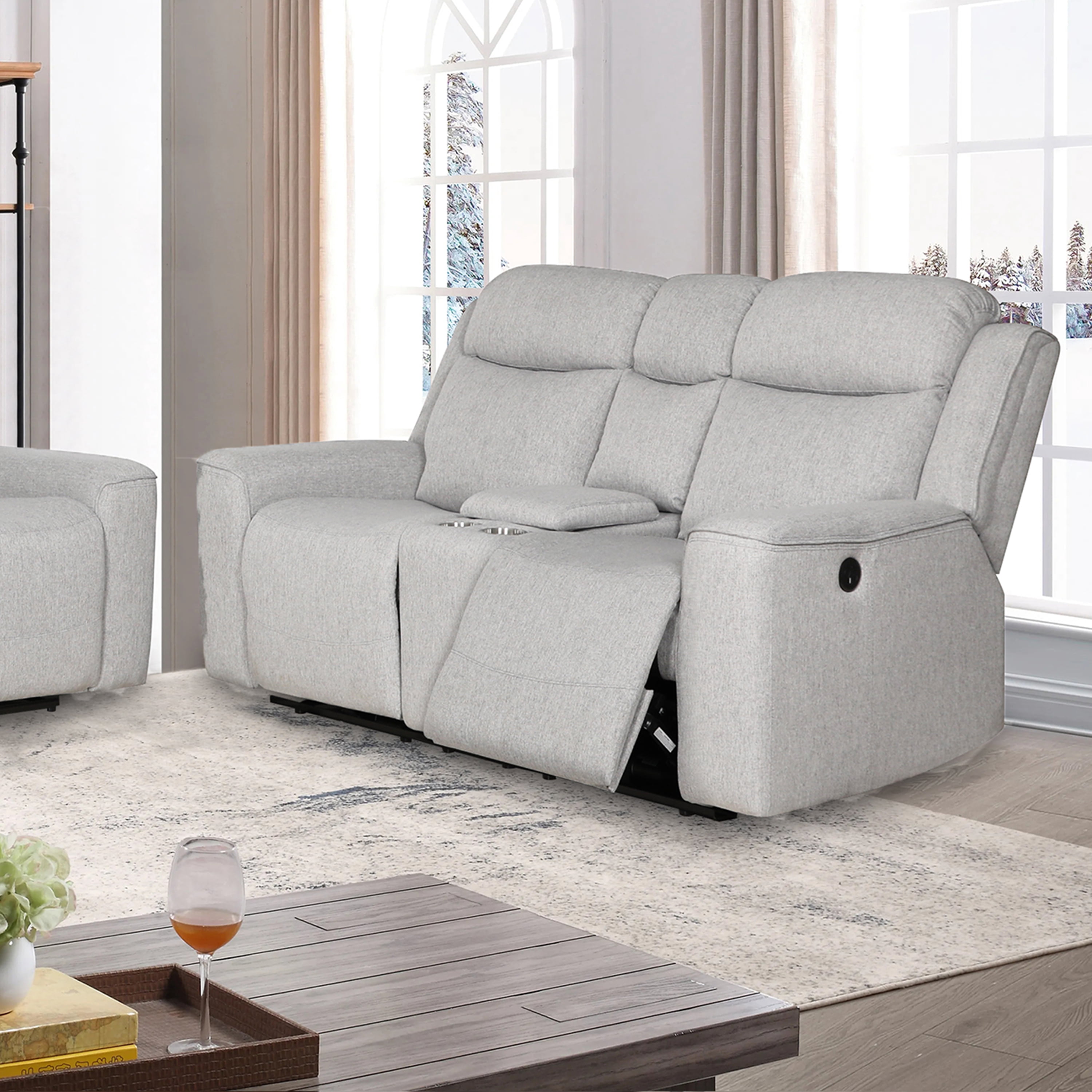 Amelia Collection Contemporary Upholstered Recliner Loveseat with Storage Console and Cup Holders, White