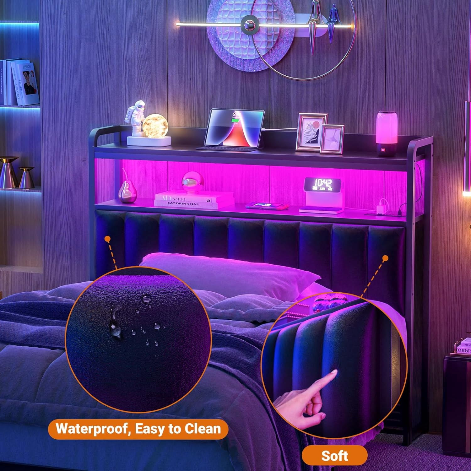 iSunirm Upholstered Headboard for Twin Size Bed, Head Board with Power Outlet & LED Lights, Easy Assembly, Black