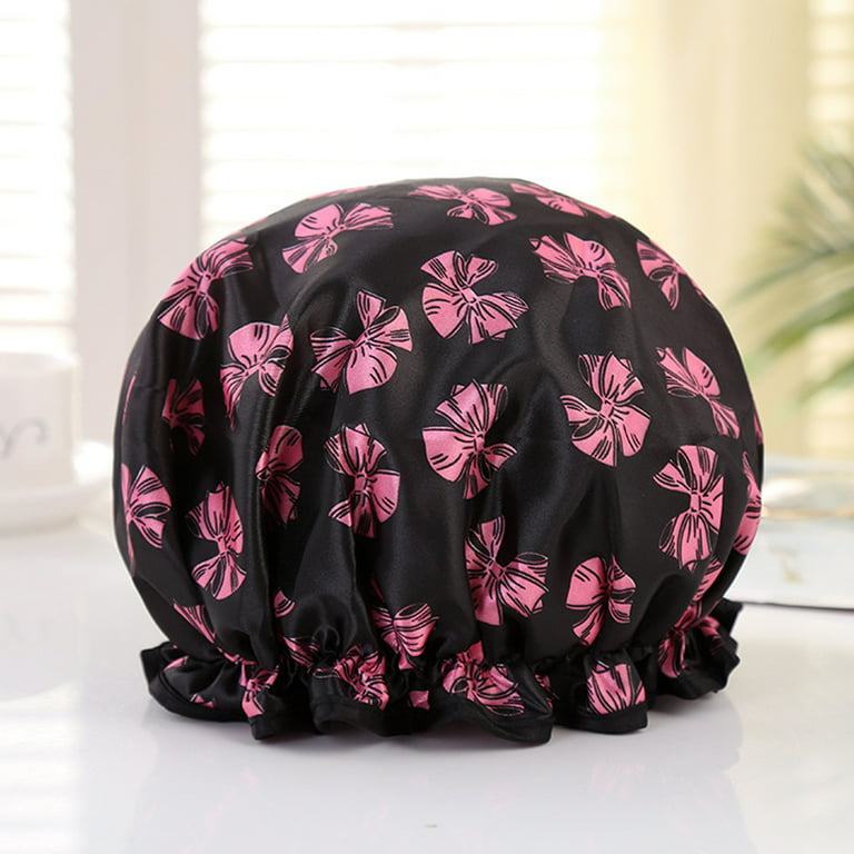 harmtty Print Reusable Unisex Bath Hat Elastic Band Double Layer Hair Hat  Hair Care,Pink Bowknot 