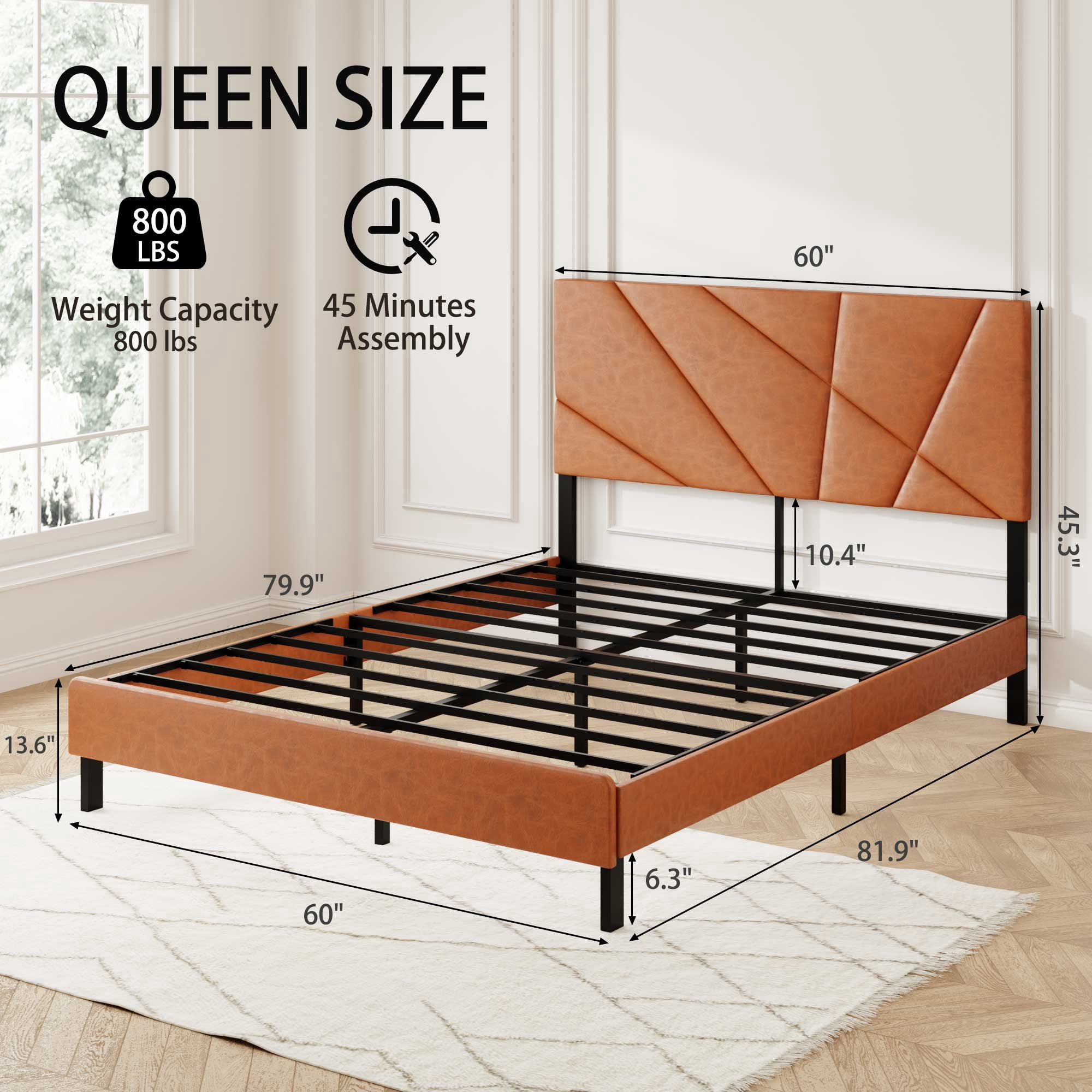 Miniyam Queen Size Upholstered Platform Bed with Faux Leather Headboard for Adult, Metal Slats, Brown