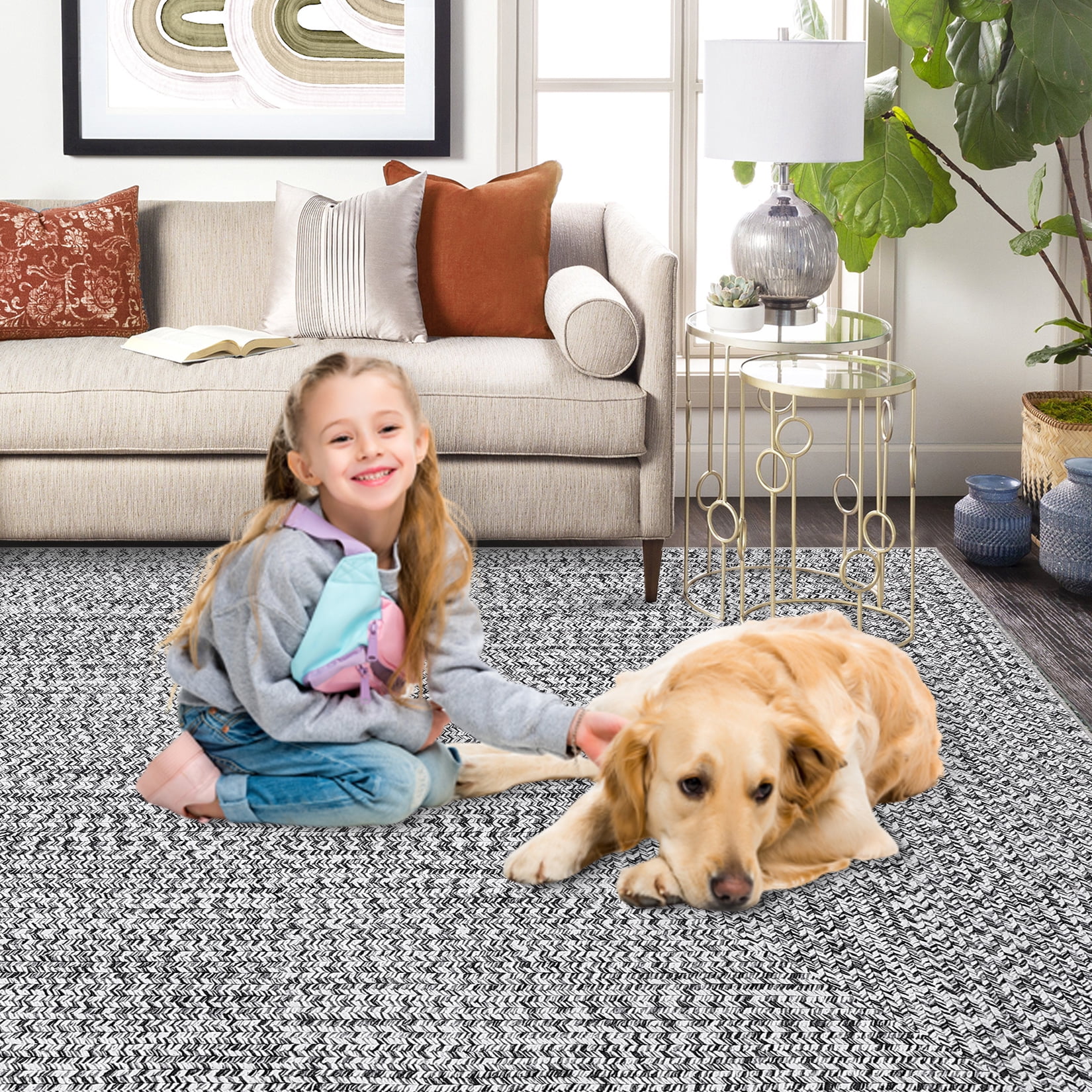 GlowSol 2' x 10' Runner Rug Modern Braided Print Rugs Non-Slip Low Pile Bedroom Runner Rug Washable Floor Mat for Kitchen Hallway, Gray