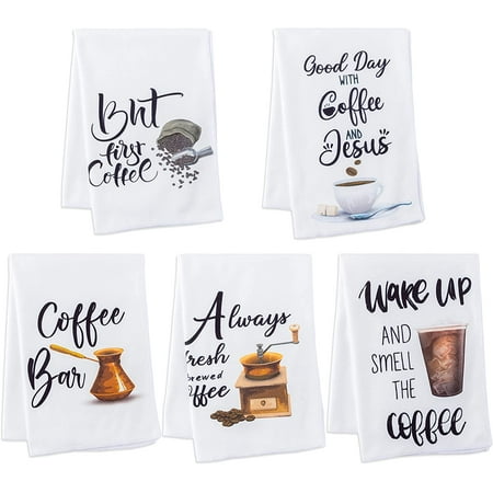 

5Pcs Coffee Kitchen Towels Polyester Dishcloths Sets Highly Absorbent Hand Towel Reusable Dish Towels Wake and Up Smell The Coffee Funny Home Decor Housewarming Gift for Hostess 14.3x21.4 in