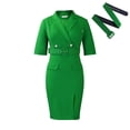thumbnail image 4 of Jusqu'à 65 % de Réduction! Robes de Mode d'Été pour Femmes 2024 Grande Taille Polyvalente Manches Courtes Rétractation de la Taille Costume Fendu Solide Col Enveloppé Robe Fendue à la Hanche avec Ceinture, 4 of 4