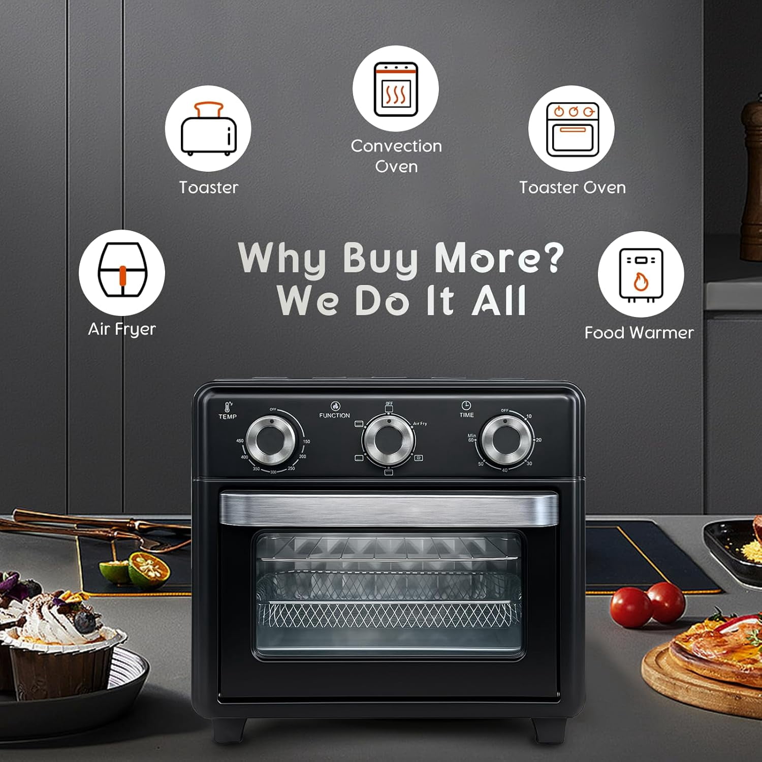 Multifunctional 10QT Air Fryer Toaster Oven Combo with Visible Window, 5-in-1 Countertop Appliance for 6 Slices, Ideal for Small Kitchens