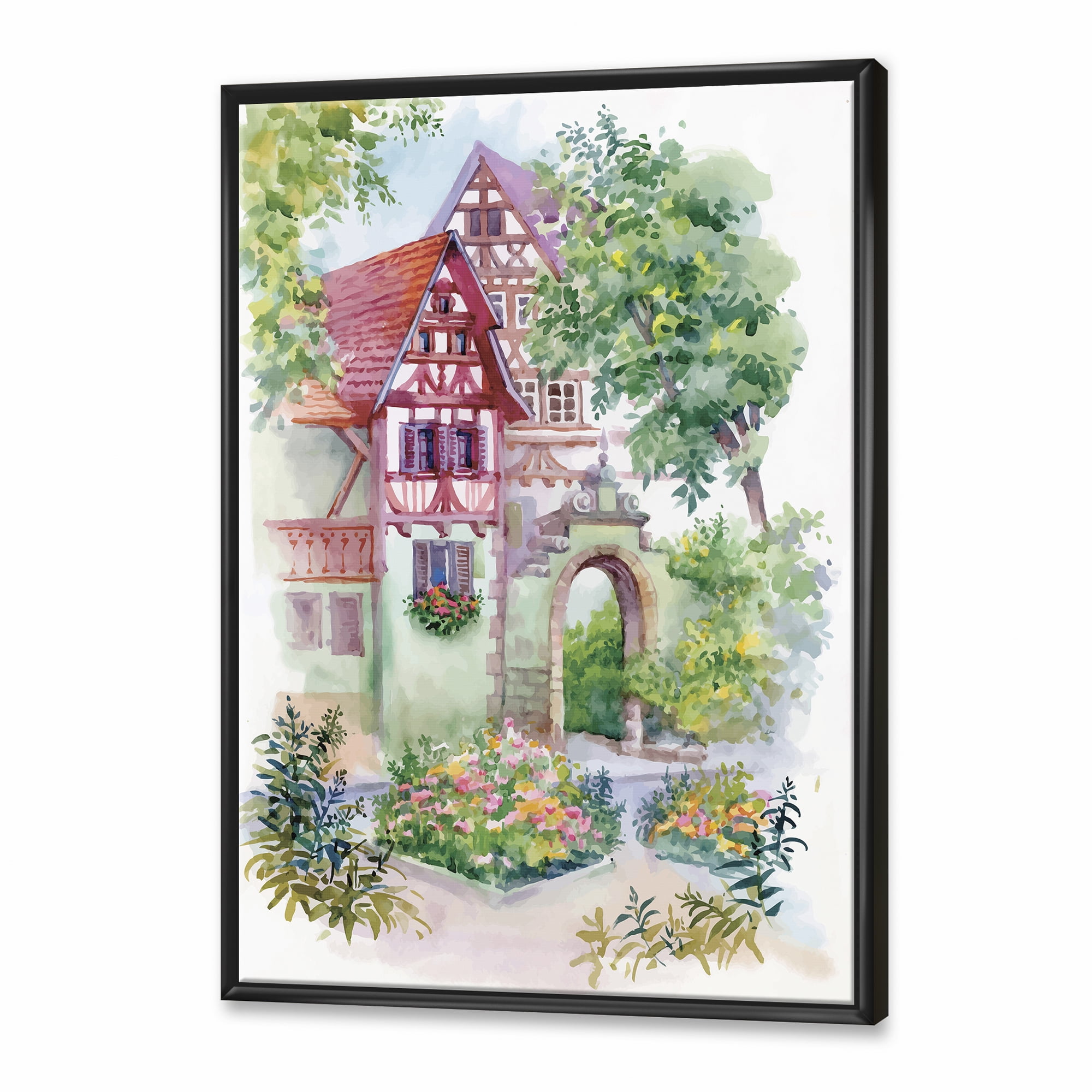 Designart 'Red Rustic House In The Country Side Landscape' Traditional Framed Canvas Wall Art Print