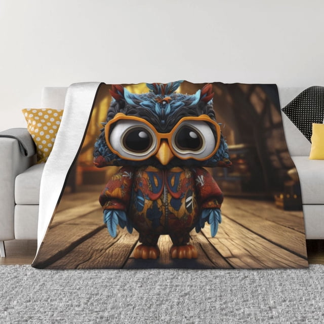 Balery Quirky Owl With Glasses Manta de Franela con Dibujo, Lujo Ultra Suave y Cálido, Antipelusa y Resistente a las Arrugas para Cama, Sofá, Camping -60"x50"