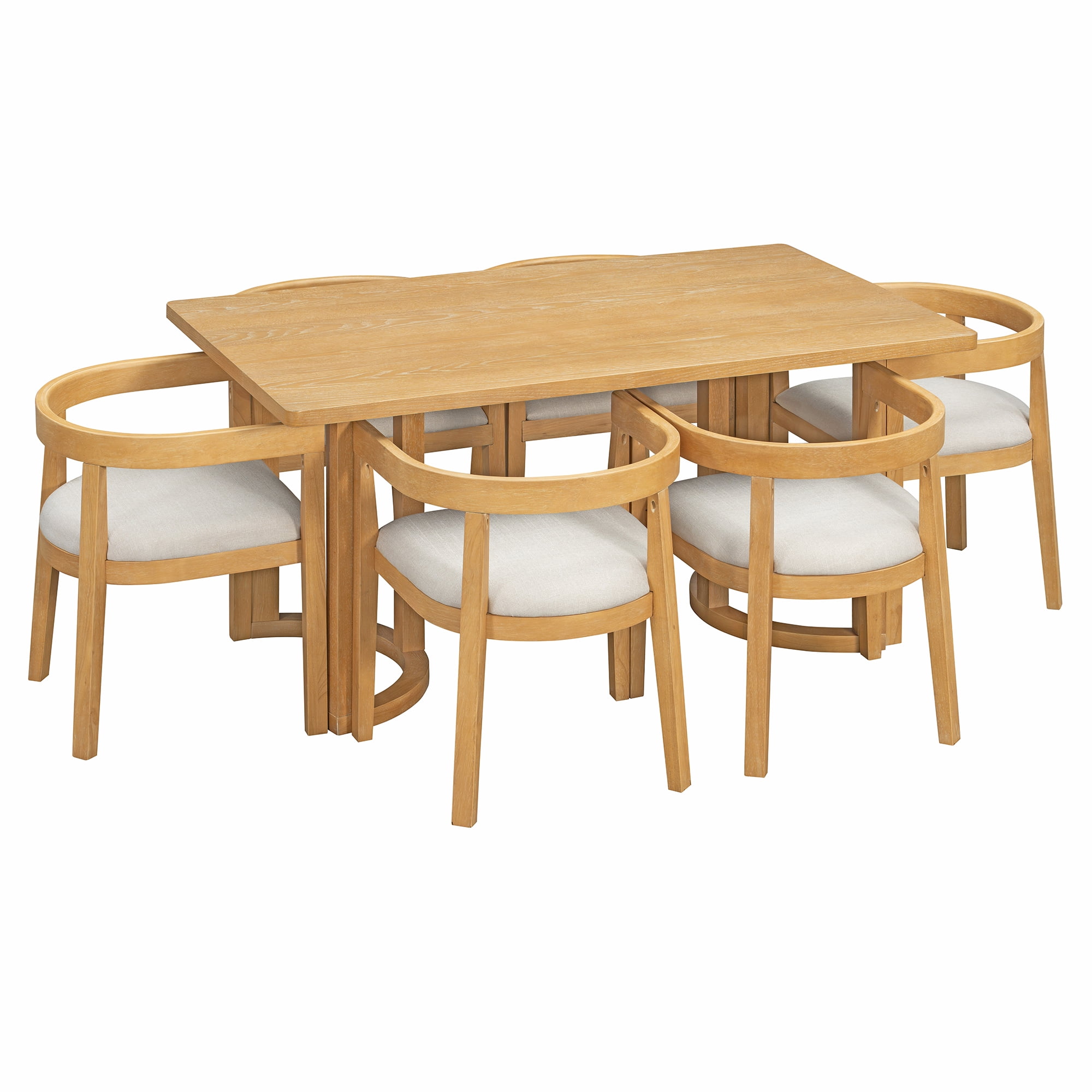Euroco 7 Piece Dining Table Set for 6, Kitchen Dining Room Furniture with 6 Upholstered Curved Back Chairs, 59" Rectangular Kitchen Table Set for Apartment Small Space,Natural