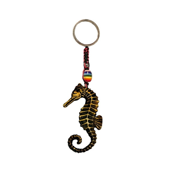 Golden Seahorse Sea Animal 3D Figurine Keychain Multicolored Macramé Metal Ring - Handmade Gifts Boho Car Keys Bag Accessories