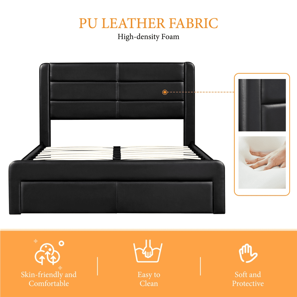 Topeakmart Queen Upholstered Leather Bed Frame with 3 Storage Drawers and Built-In USB Ports, Black