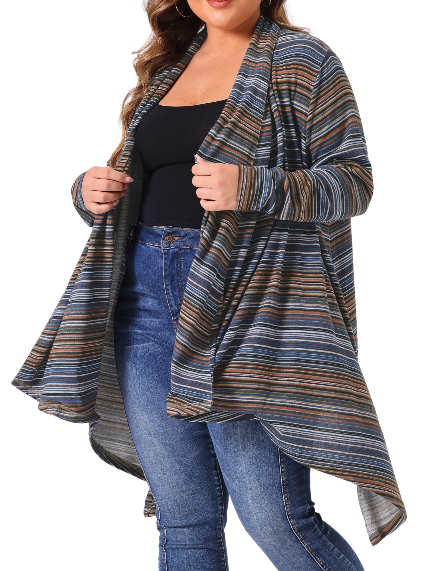 DARING DIVA Plus Size Long Sleeve Open Front Knit Stripe Cardigan 2X Blue