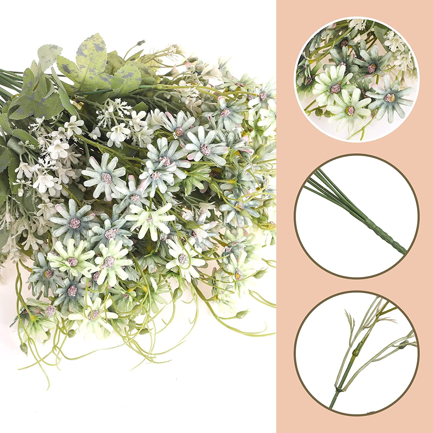 Morttic 12PCS Artificial Wildflowers Daisy Bundles Fake Silk Flowers Greenery Plastic Faux Plants UV Resistant Cemetery Floral for Grave Vase Arrangements Outdoor Decor (Green)