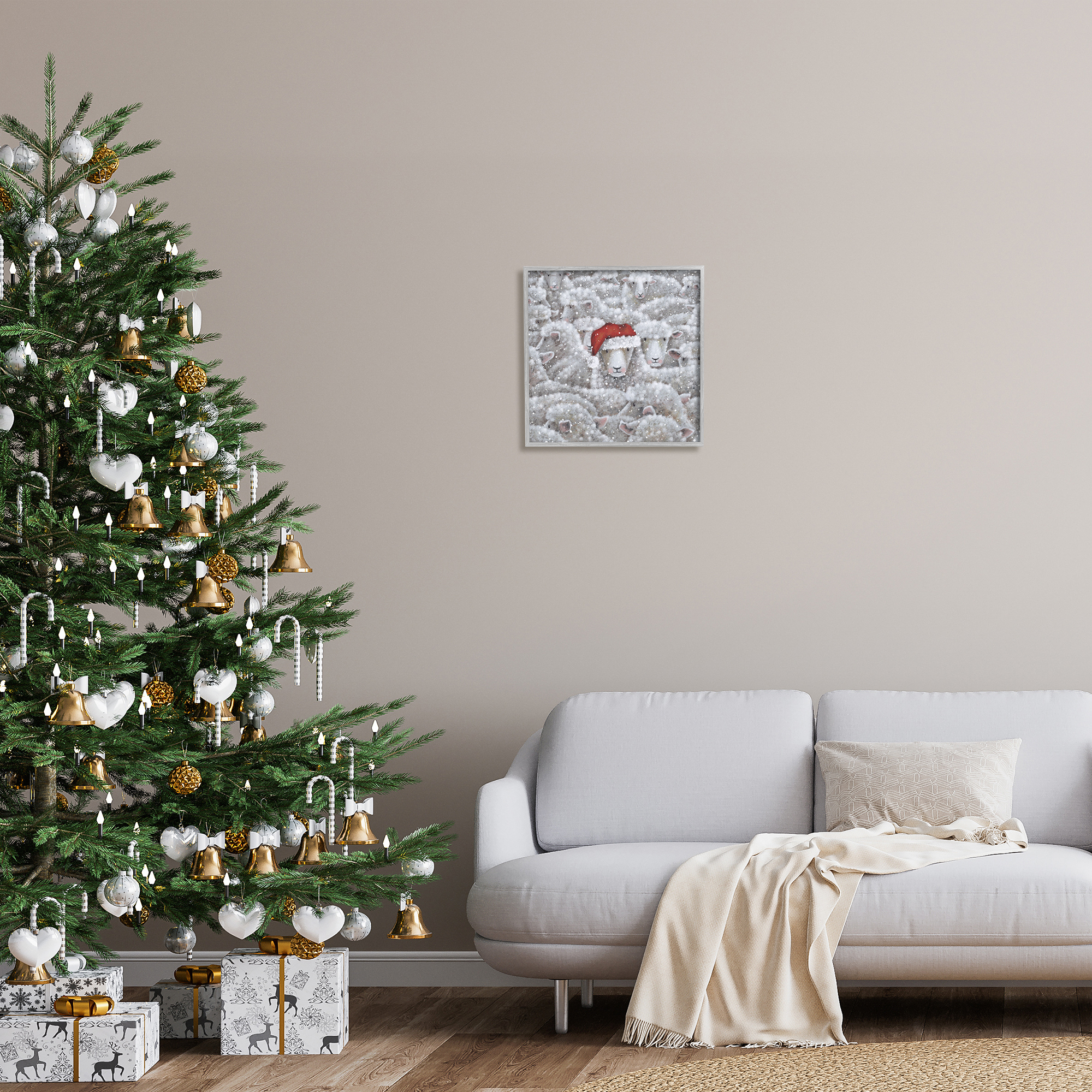 Stupell Industries Sheep with Santa Hat Holiday Painting Gray Framed Art Print Wall Art, 17 x 17