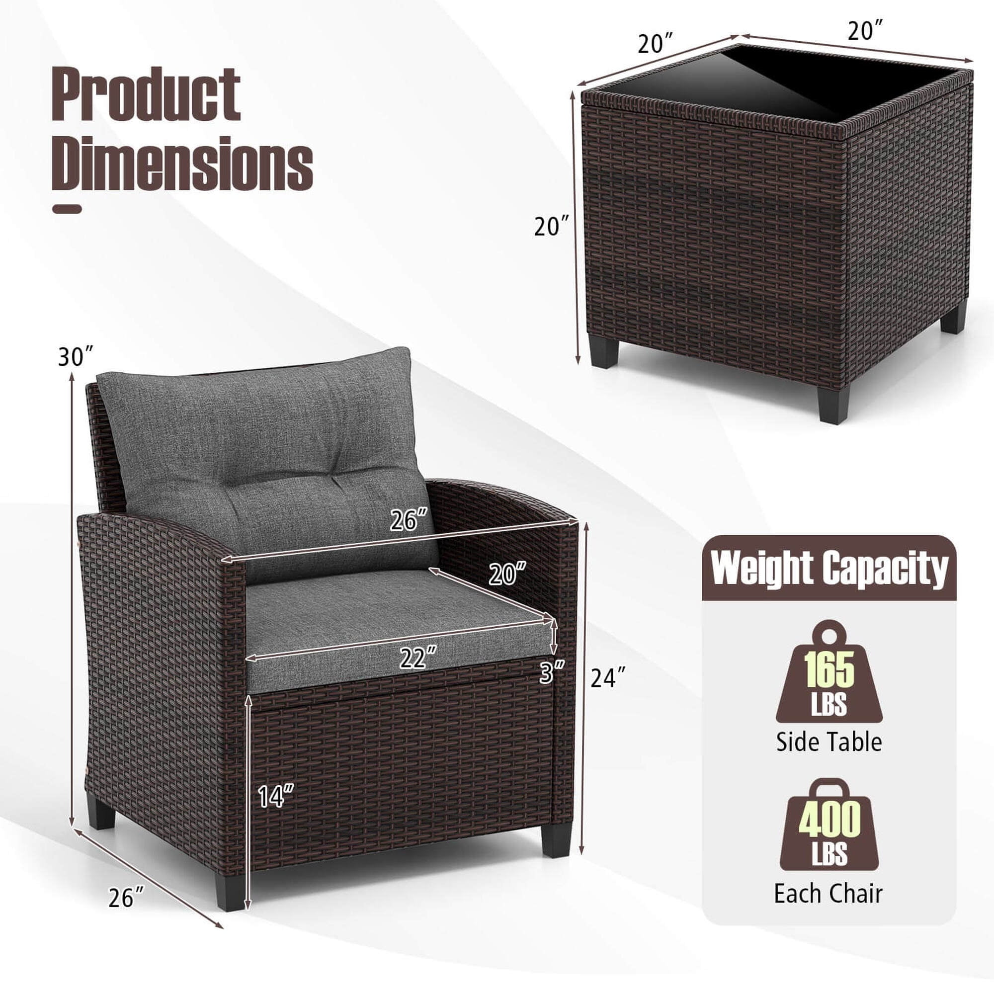 Gymax Set of 3 Rattan Furniture Set Patio Cushioned Conversation Set Sofa Gray