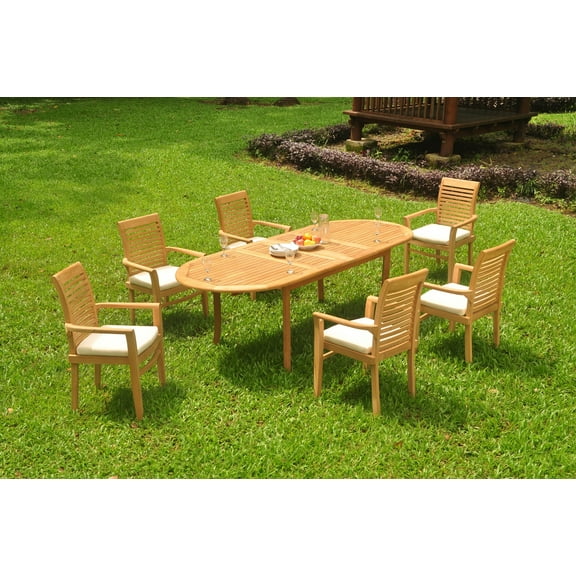 Grade-A Teak Dining Set: 6 Seater 7 Pc: 94" Double Extension Oval Table And 6 Mas Stacking Arm Chairs Outdoor Patio WholesaleTeak #WMDSMS22