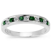 Emerald and Diamond 14kt White Gold Ring -- Satelite