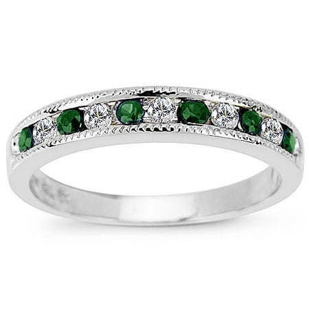 Emerald and Diamond 14kt White Gold Ring -- Satelite