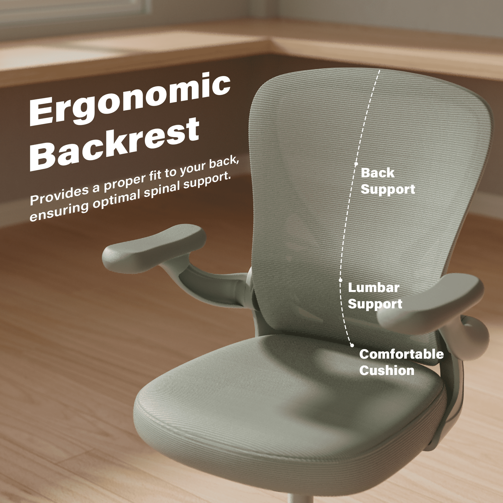 HomeZeer Ergonomic Office Chair, Home Desk Chair with Lumbar Support, Flip-up Arms Mesh Office Chair, Grey
