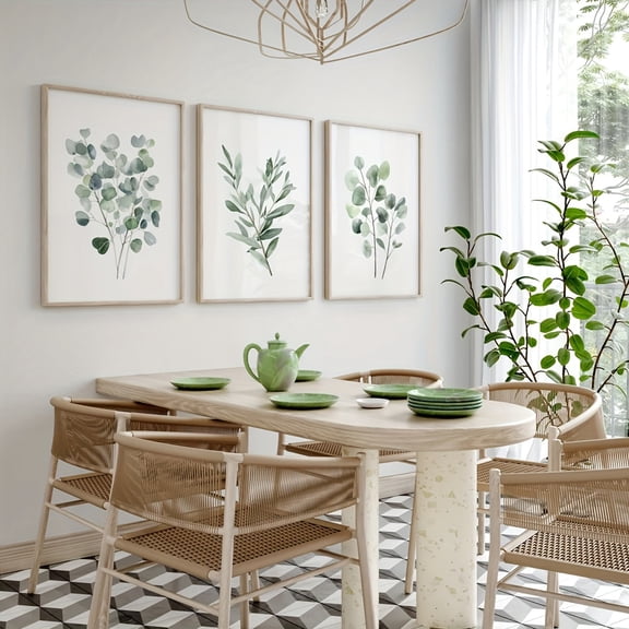 3pcs Set Eucalyptus & Sage Watercolor Prints - Minimalist Green Botanical Wall Art, Frameless Canvas Posters for Living Room, Bedroom, Home Office Decor - Modern Nordic Style, Vertical Orientation,