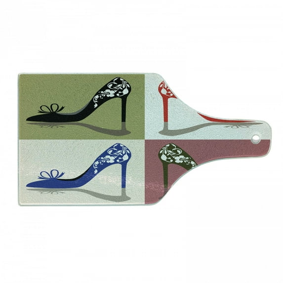 High Heels Cutting Board, Different Colored Oriental Floral Ornamental High Heel Shoes in Squares Woman, Decorative Tempered Glass Cutting and Serving Board, in 3 Sizes, by Ambesonne