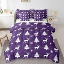 jejeloiu Merry Christmas Bedding Comforter Set 7 Pieces,Xmas Tree Deer Full Bedding Set,Purple White Snowflake Fitted Sheet Flat Sheet For Girl,Red White Home Decor Reversible