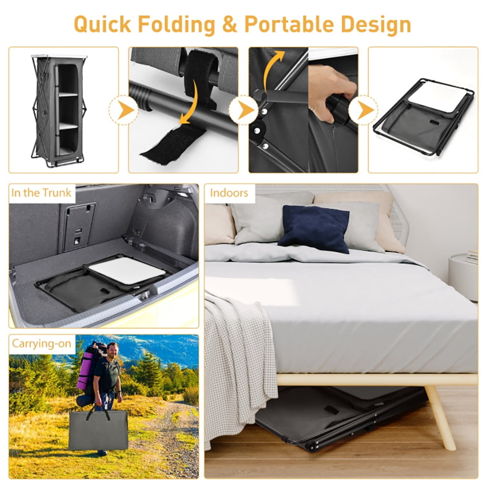 Aimee Lii Folding Camping Storage Cabinet with 3 Shelves and Carry Bag, Easy Set Up Portable Camping Kitchen, Gray-XL