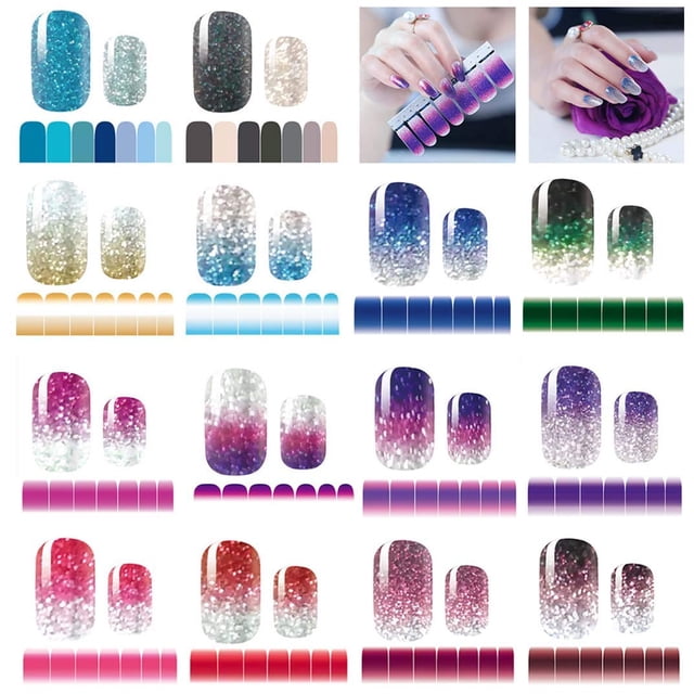 14 hojas de pegatinas para uñas, brillo de color degradado, envolturas completas, pegatinas de esmalte, tiras de calcomanías, juegos de arte de uñas autoadhesivos para mujeres y niñas