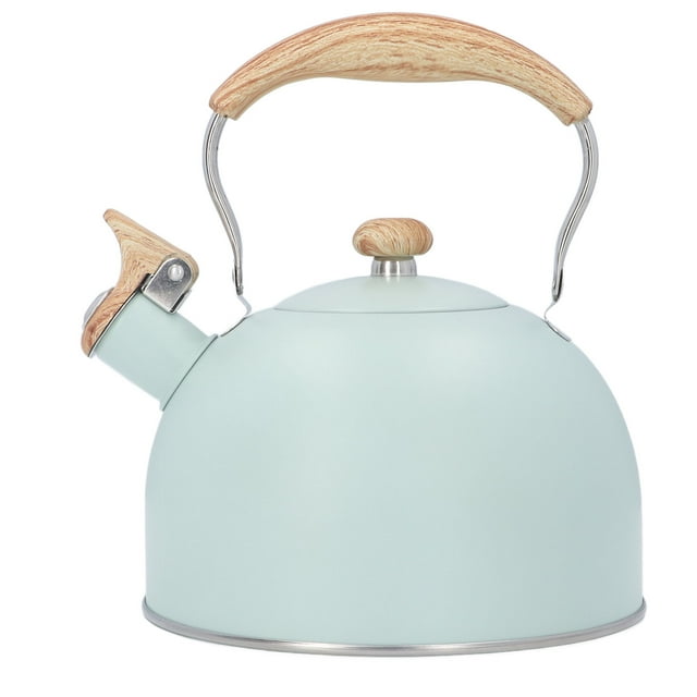 Tetera silbante de acero inoxidable de 2,5 litros de color verde, tetera silbante de gran capacidad con agarre frío para estufa