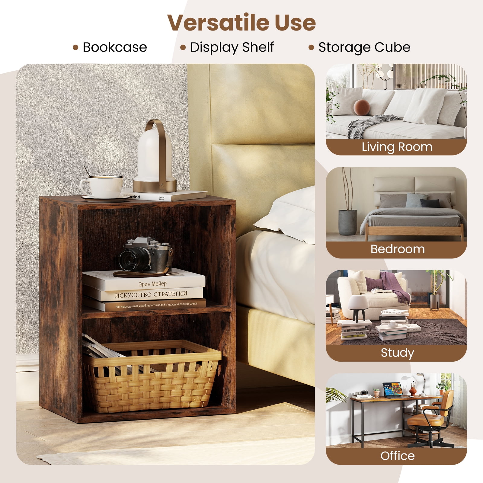Gymax 2-Cube Bookcase w/ 5-Position Adjustable Shelf Anti-Toppling Kits for Study Rustic Brown