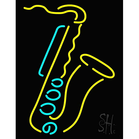 Saxophone Yellow Logo LED Neon Sign 31" Tall x 24" Wide - inches Black Square Cut Acrylic Backing, with Dimmer - Premium built indoor Sign for Studio, Club, Home décor, Event, Workshop, Storefront.