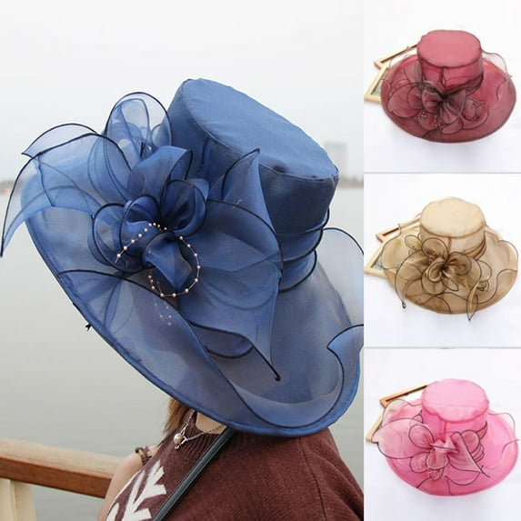 Meidiya Elegant Women Kentucky Derby Church Cap Vintage Fashion Wide Brim Summer Organza Sun Hat for Party Wedding