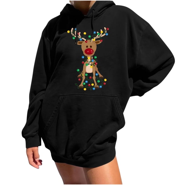 Sudadera estampada con capucha retro de manga larga suelta de Navidad para mujer con mangas caídas en los hombros Pompotops gfhjh12804