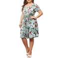 thumbnail image 4 of GRACE & GRANDEUR Women's Plus Size Crew Neck Short Sleeves Floral Pleated Summer Midi Dress 1X Green, 4 of 6