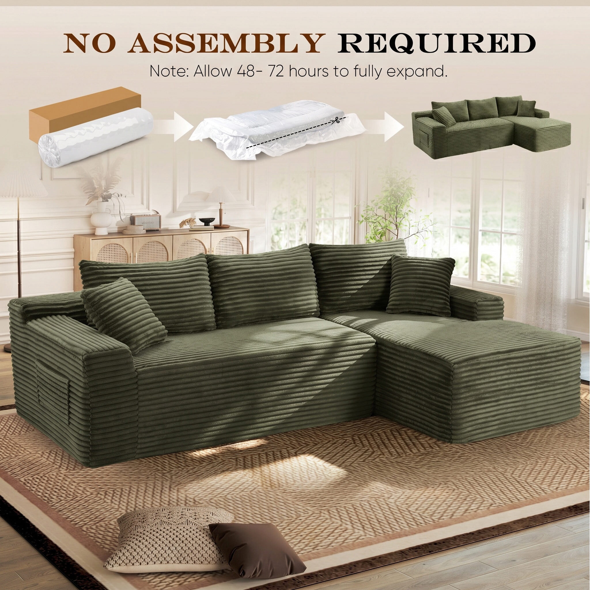 Lunale Small Modular Sectional Sofa with Movable Chaise, L-Shaped Boneless Cloud Couch for Living Room, Green (Right Facing Chaise)