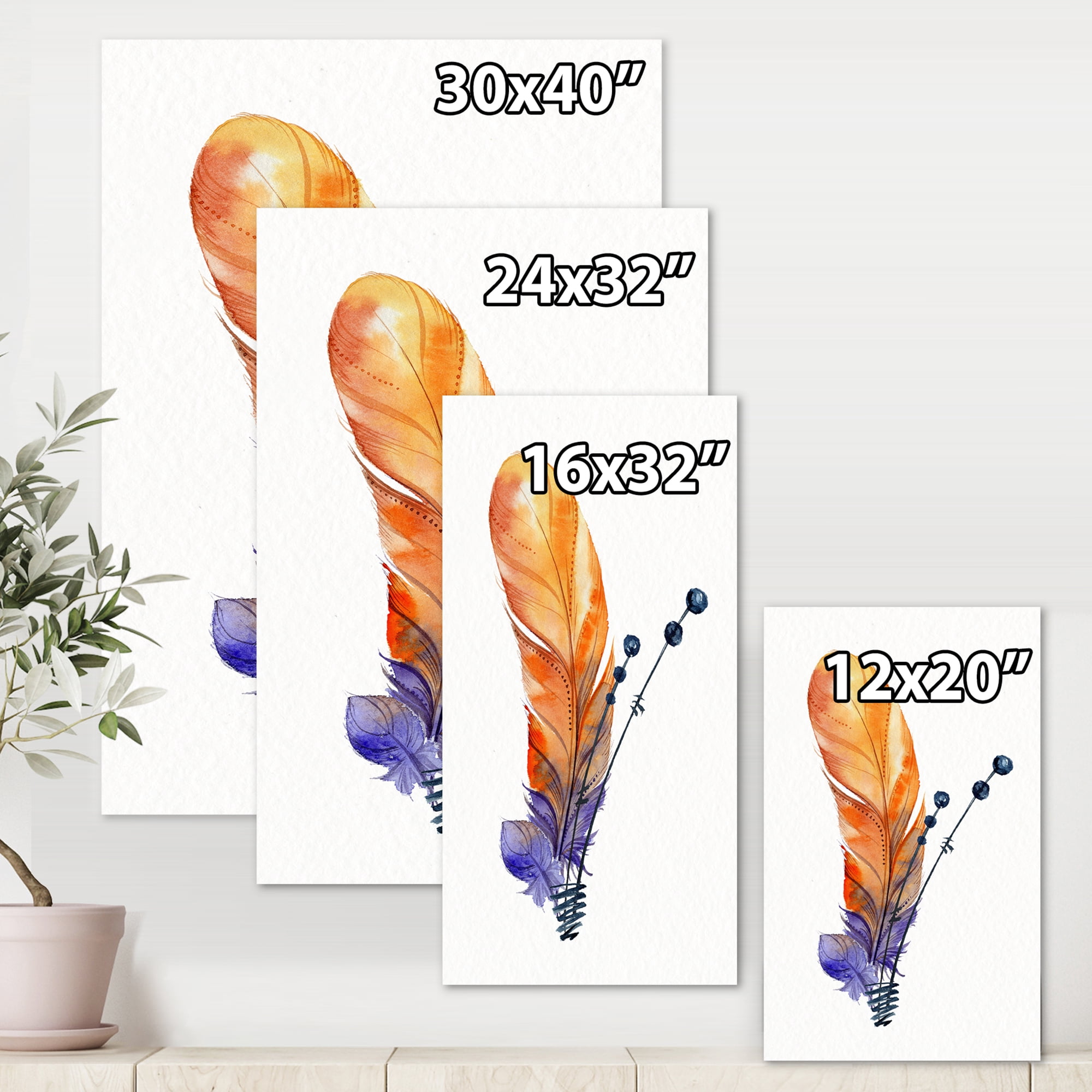 Designart ' Ethnic Orange Animal Feather Composition ' Bohemian & Eclectic Canvas Wall Art Print