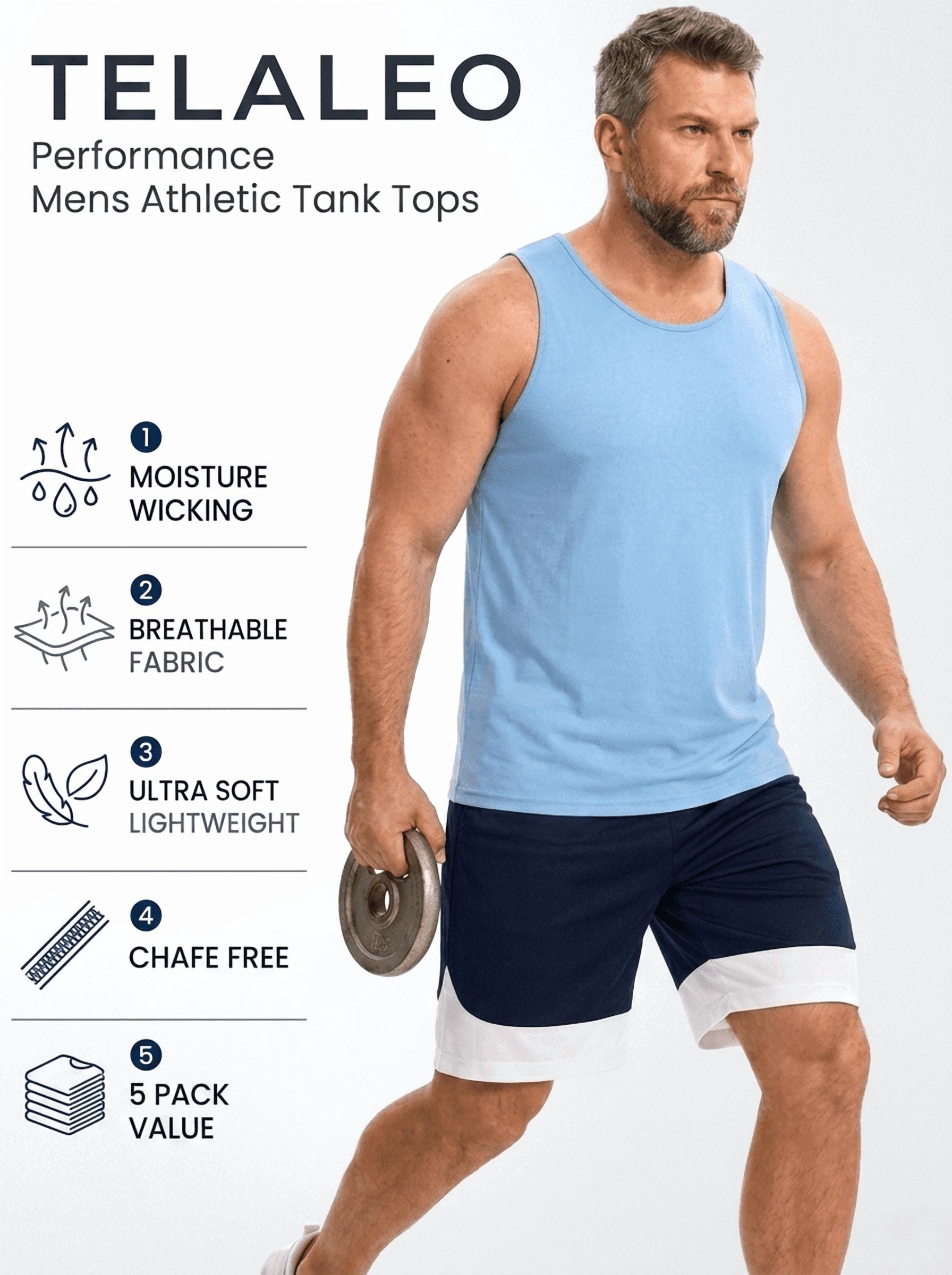 TELALEO 5 Pack Men's Quick Dry Tank Tops Breathable Sleeveless Muscle Shirts for Active Men, Size 2XL