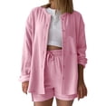 thumbnail image 2 of Kinrui Linen Sets for Women 2 Piece Outfits Long Sleeve Button Down Shirts & Drawstring Gauze Shorts Pink XL, 2 of 5