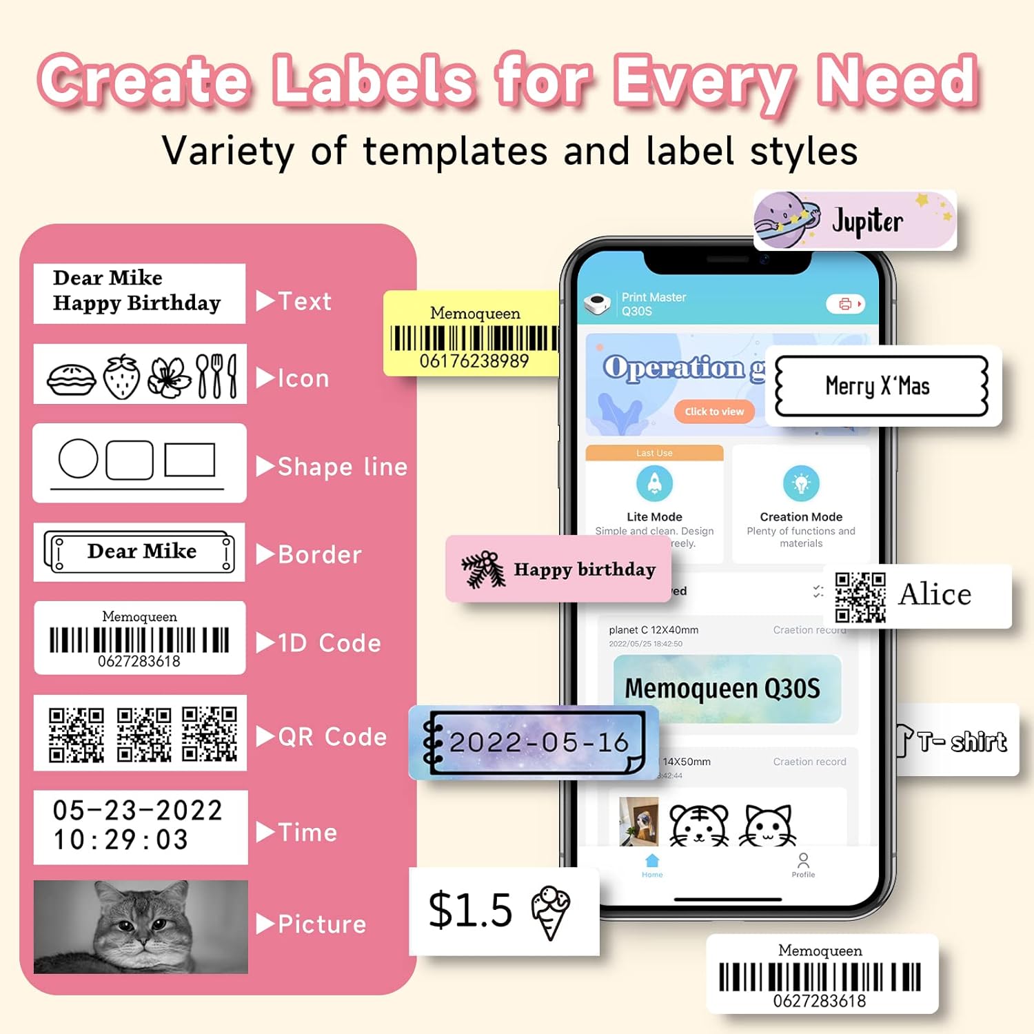 Phomemo Q30S Simplify Labeling with the Bluetooth Mini Label Maker Machine - Perfect for Office, Home, and Organizing - Includes 1 Rolls of Label Tape - Multiple Templates and Easy-to-Use (Pink)