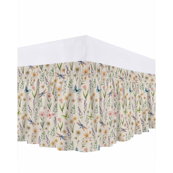 Spring Flower Bed Skirt Queen Size 18 Inch Drop, Pink White Floral Butterfly Dragonfly Linen Texture Adjustable Elastic Dust Ruffles Bedskirt for Queen Bed Wrap Around Pleated Mattress Frame Cover