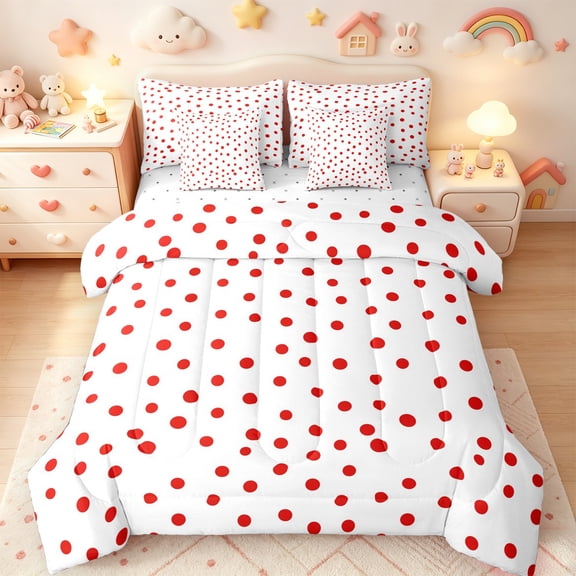 Manfei Cartoon Polka Dots 7-Piece Twin Bedding Sets,Fashion French Style Bedding Comforter Set,Hotpink White Sheet Sets For Children,Breathable Home Decor Reversible