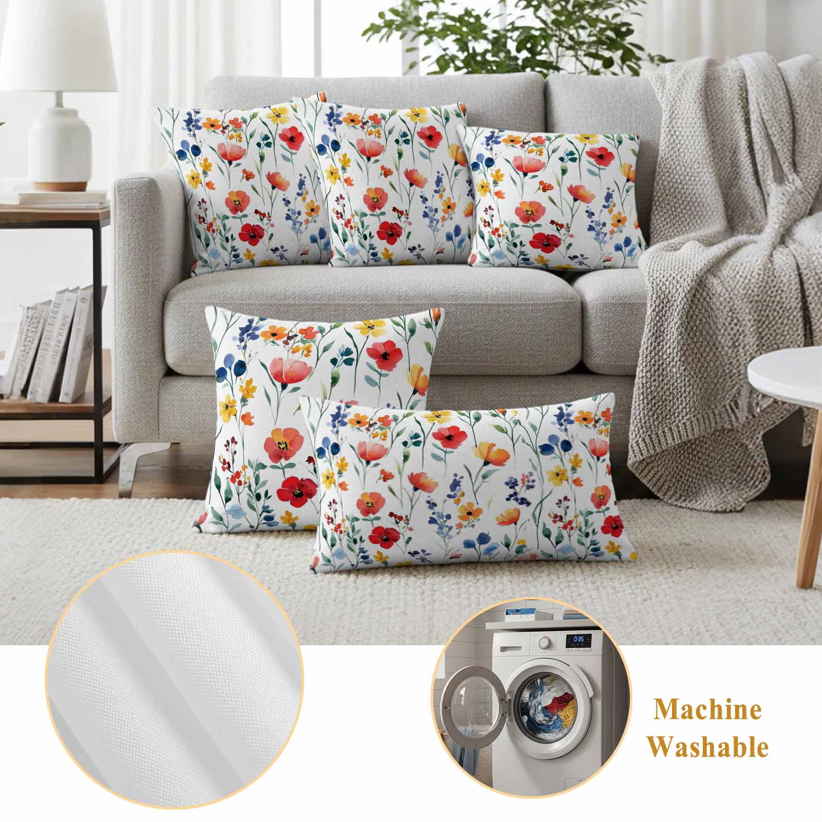 Red Yellow Blue Poppy Pillow Covers 2 Pack Independence Day Pillowcase Waterproof Outdoor Throw Pillow Cover for Patio Garden Square Cushion 24”x24”