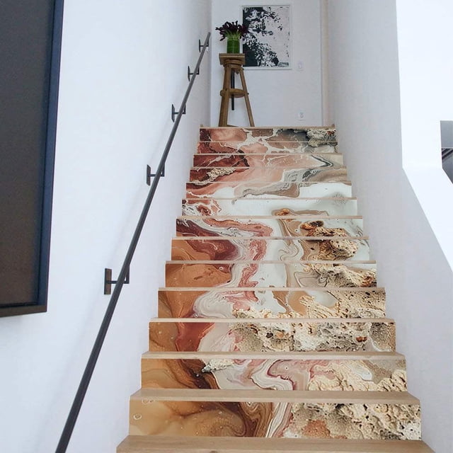Stair Stickers Set of 14 Marble Texture, Decorative Staircase Sticker Decals Removable for Stairs Risers Stairway Wall Decor, Brown Stair Decal 39.37 x 7.08 inch
