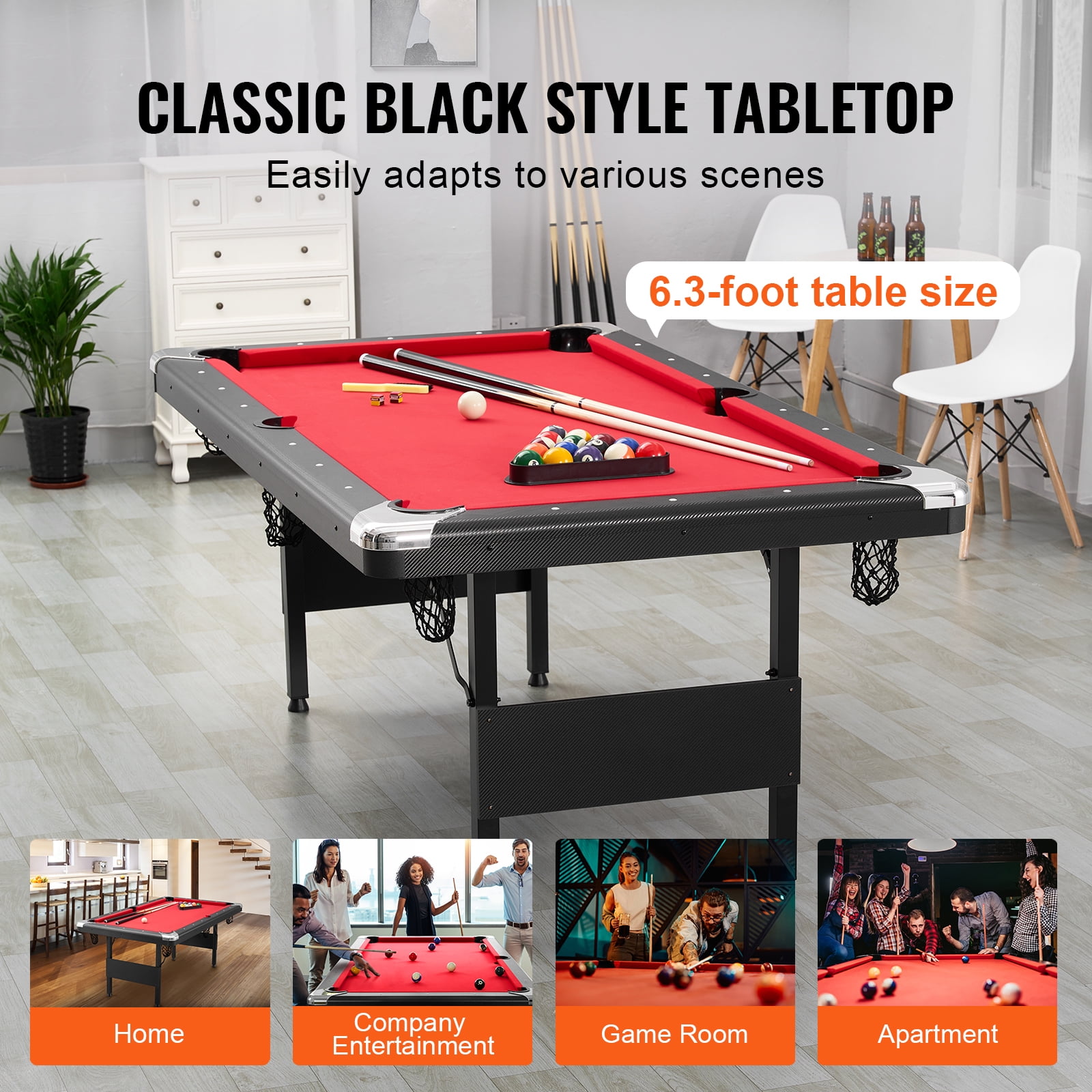 KFFKFF 6.3ft Billiards Table Portable Pool Table Red Cloth for Family Game Room
