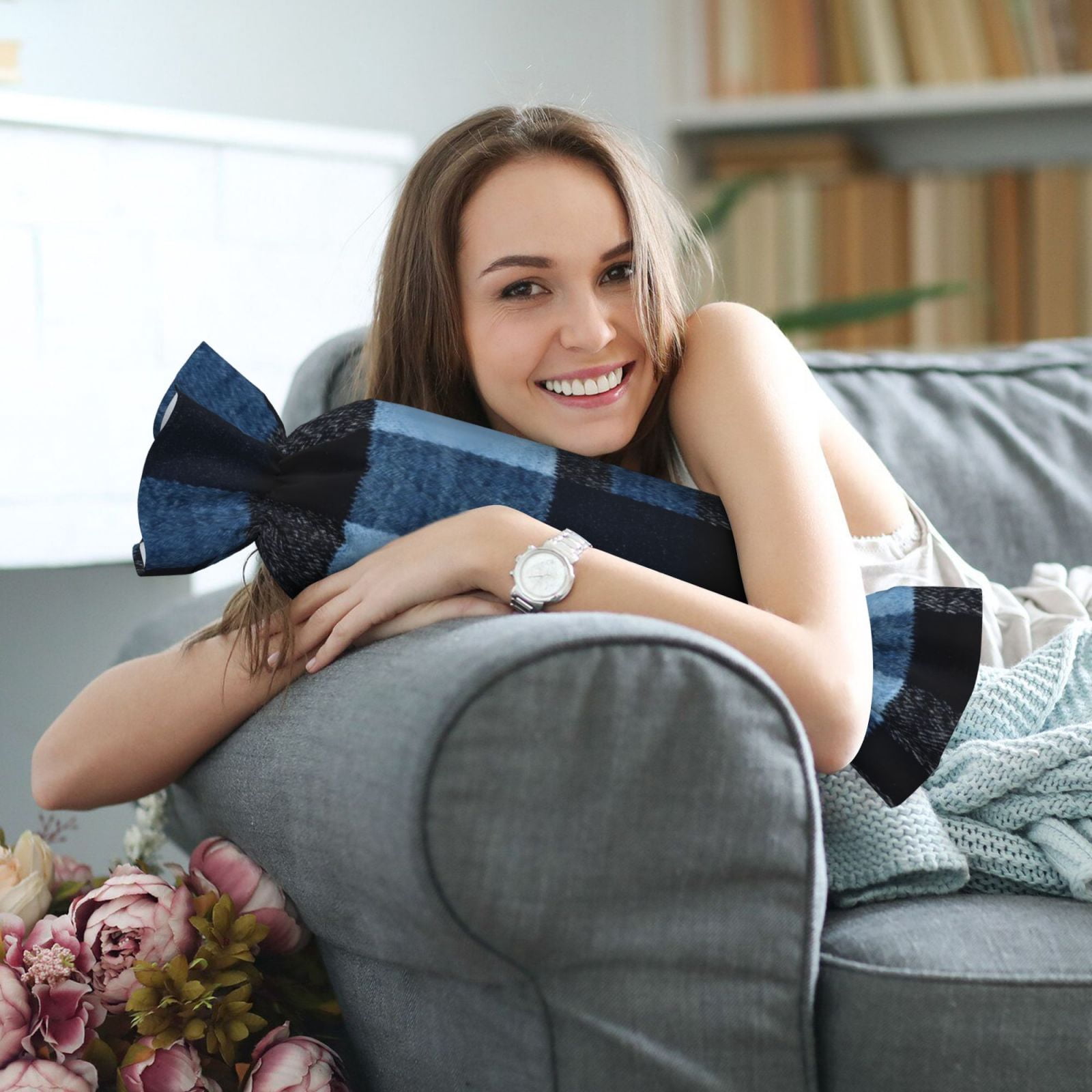 Candy Throw Pillow Travel Cervical Pillow Cylindrical Neck Body Cushion With Insert For Bed Couch Home Decor 9.8x24.4in Midnightblue Buffalo Plaid Check Tartan Scotland_1